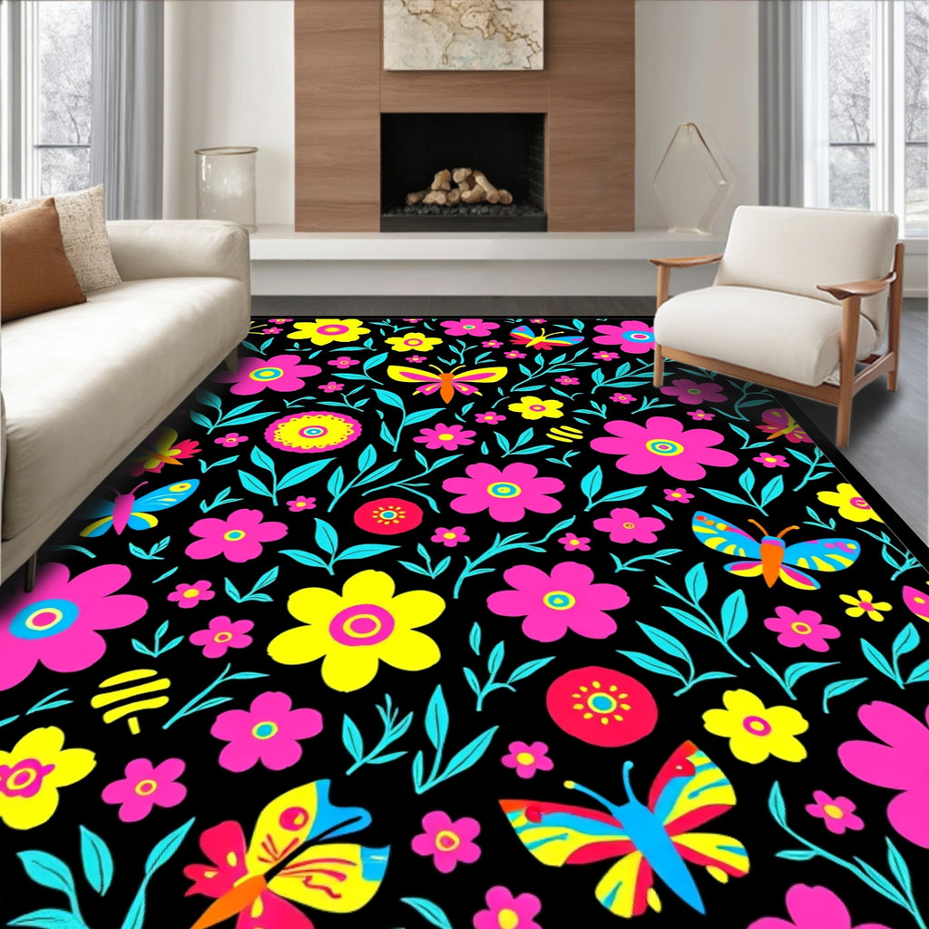 Vibrant Flora Butterfly Pattern Design Rug