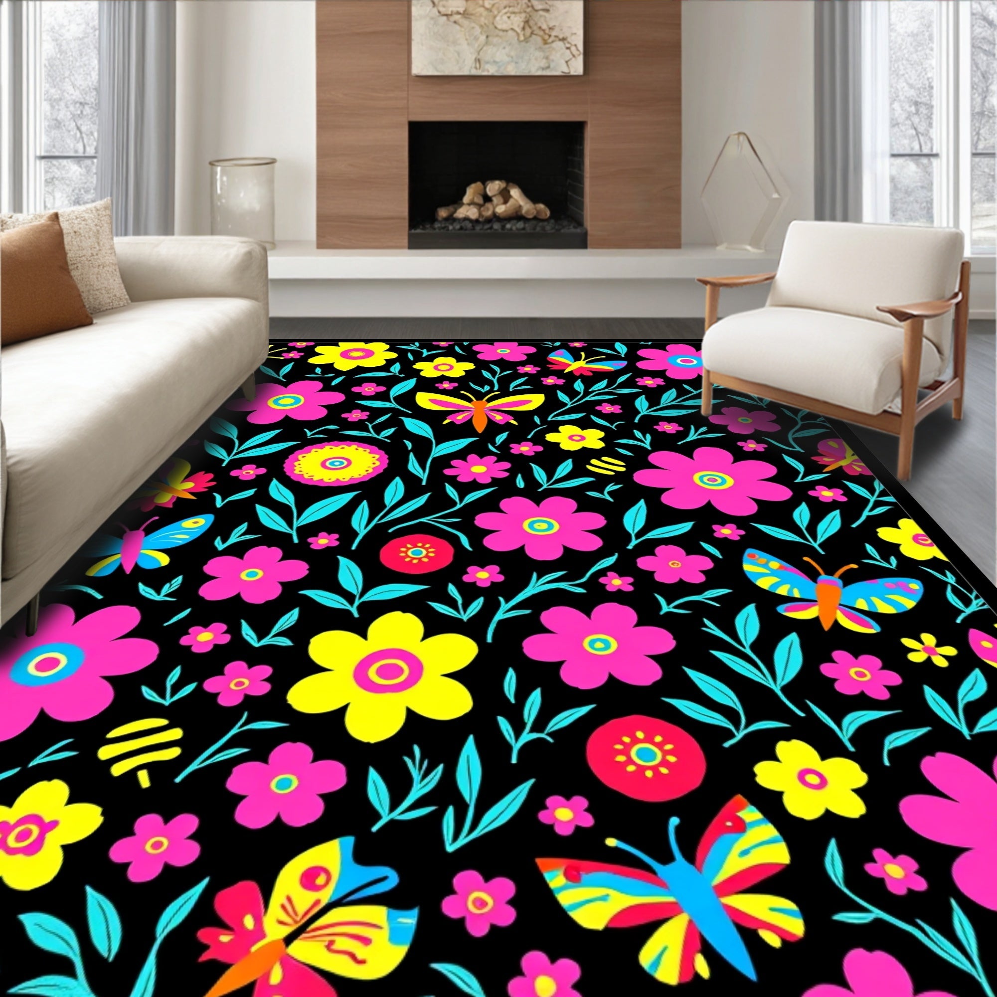 Vibrant Flora Butterfly Pattern Design Rug