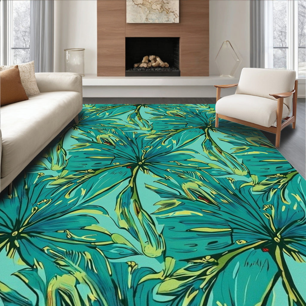 Tropical Leaf Teal Abstract Pattern Rug