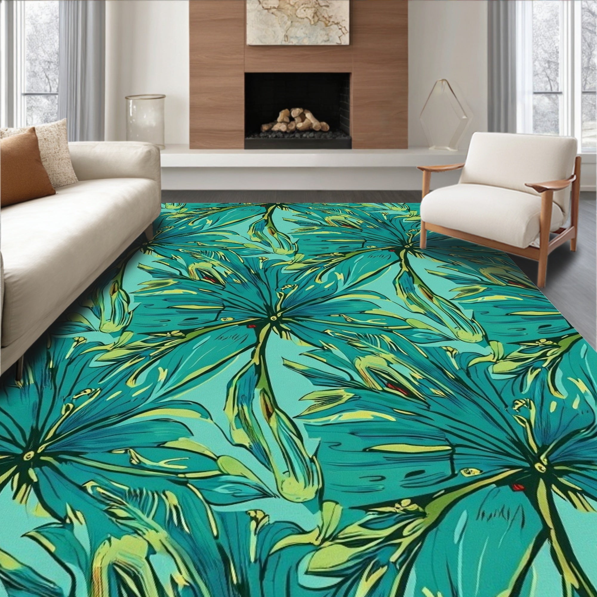 Tropical Leaf Teal Abstract Pattern Rug
