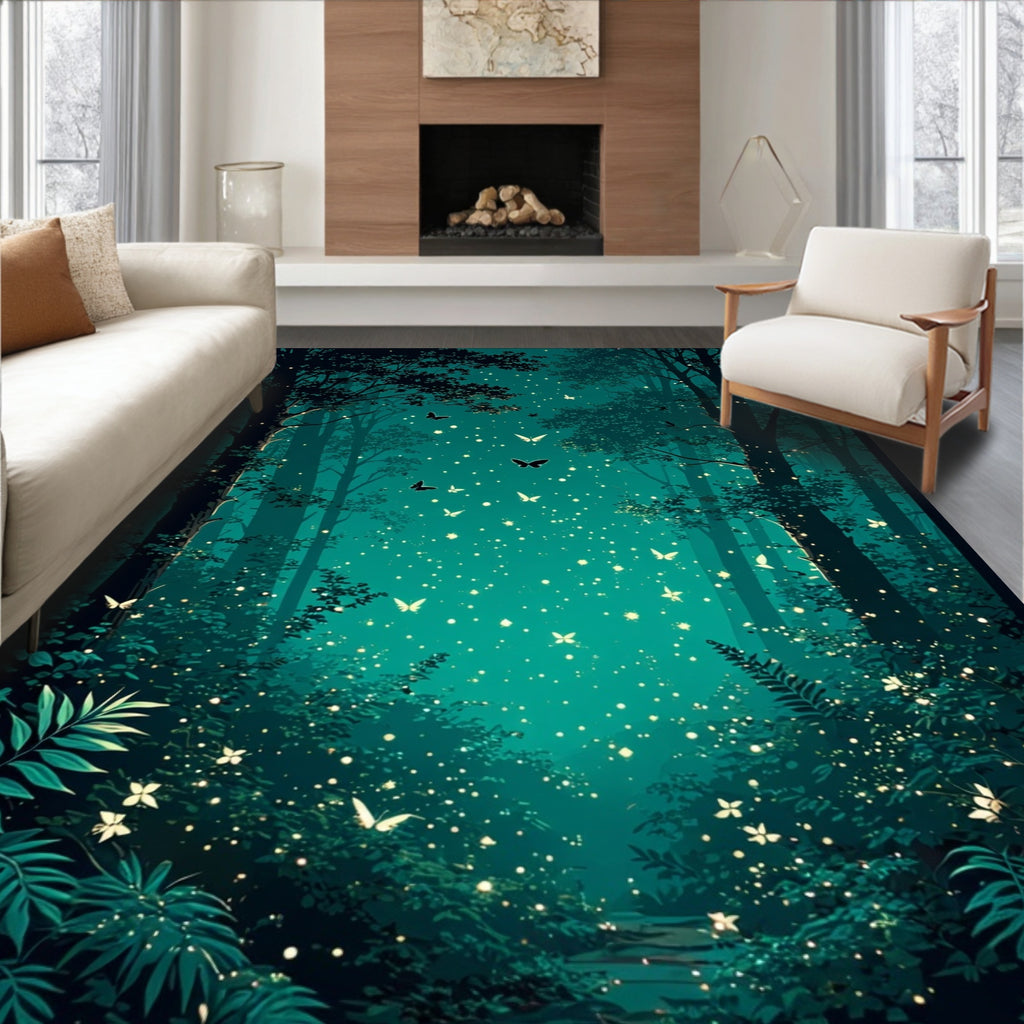 Enchanted Teal Forest Butterfly Glow Rug