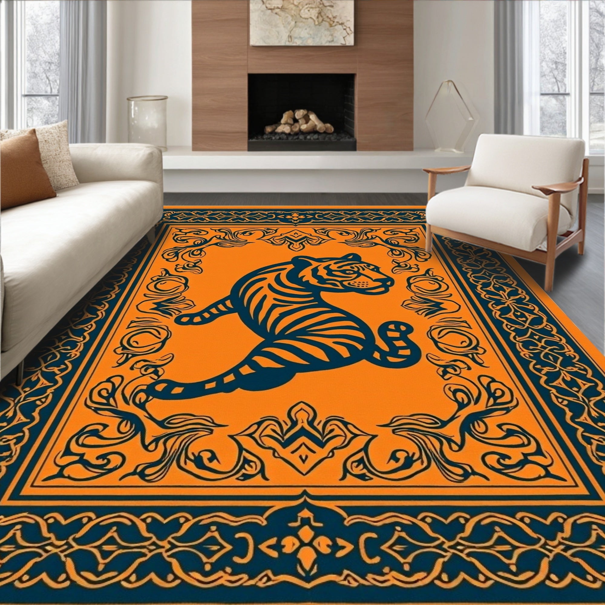 Orange and Blue Tiger Motif Rug