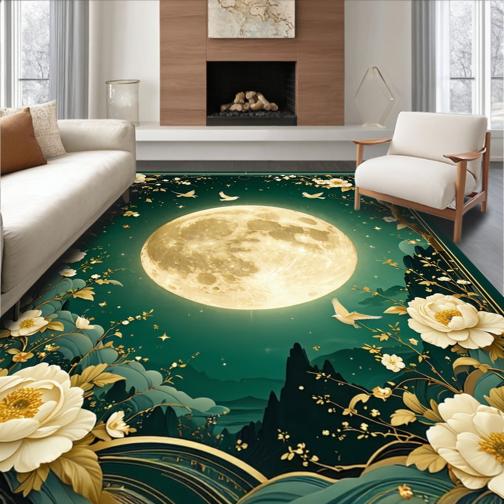 Golden Floral Moonscape Bird Rug