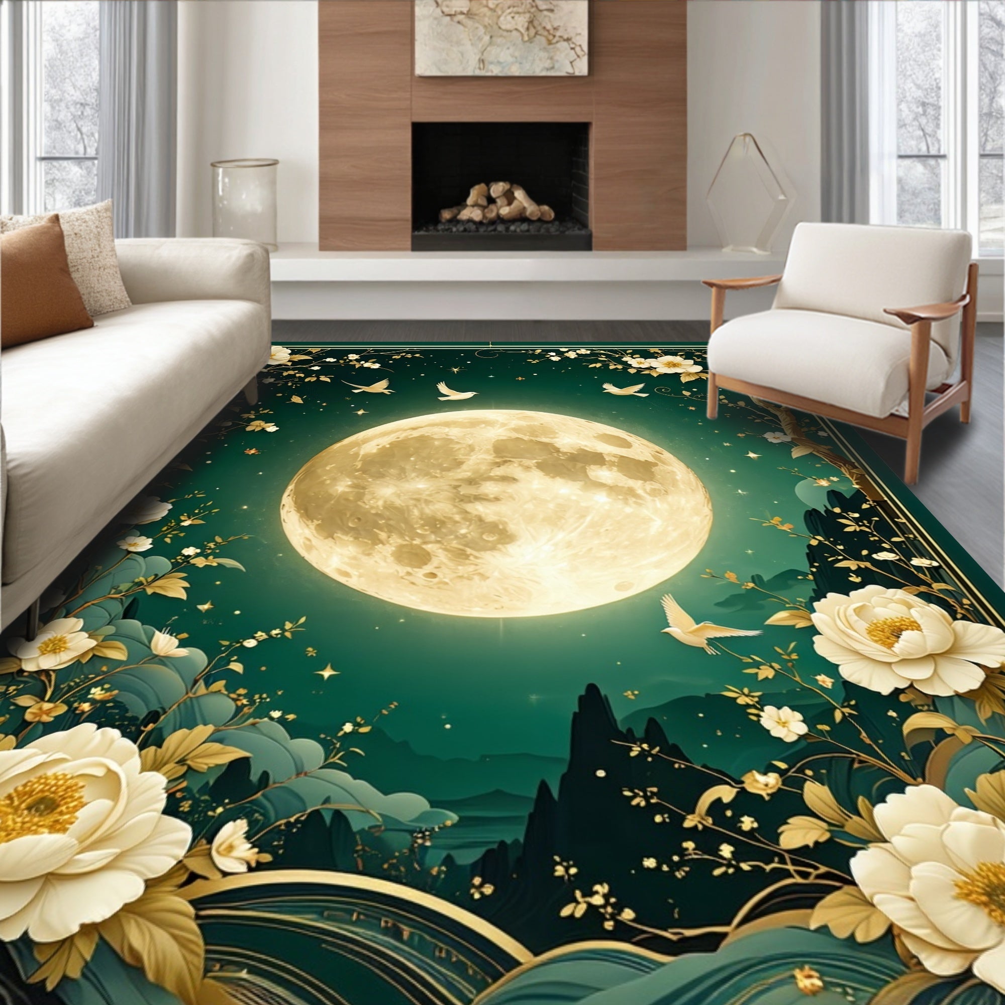 Golden Floral Moonscape Bird Rug