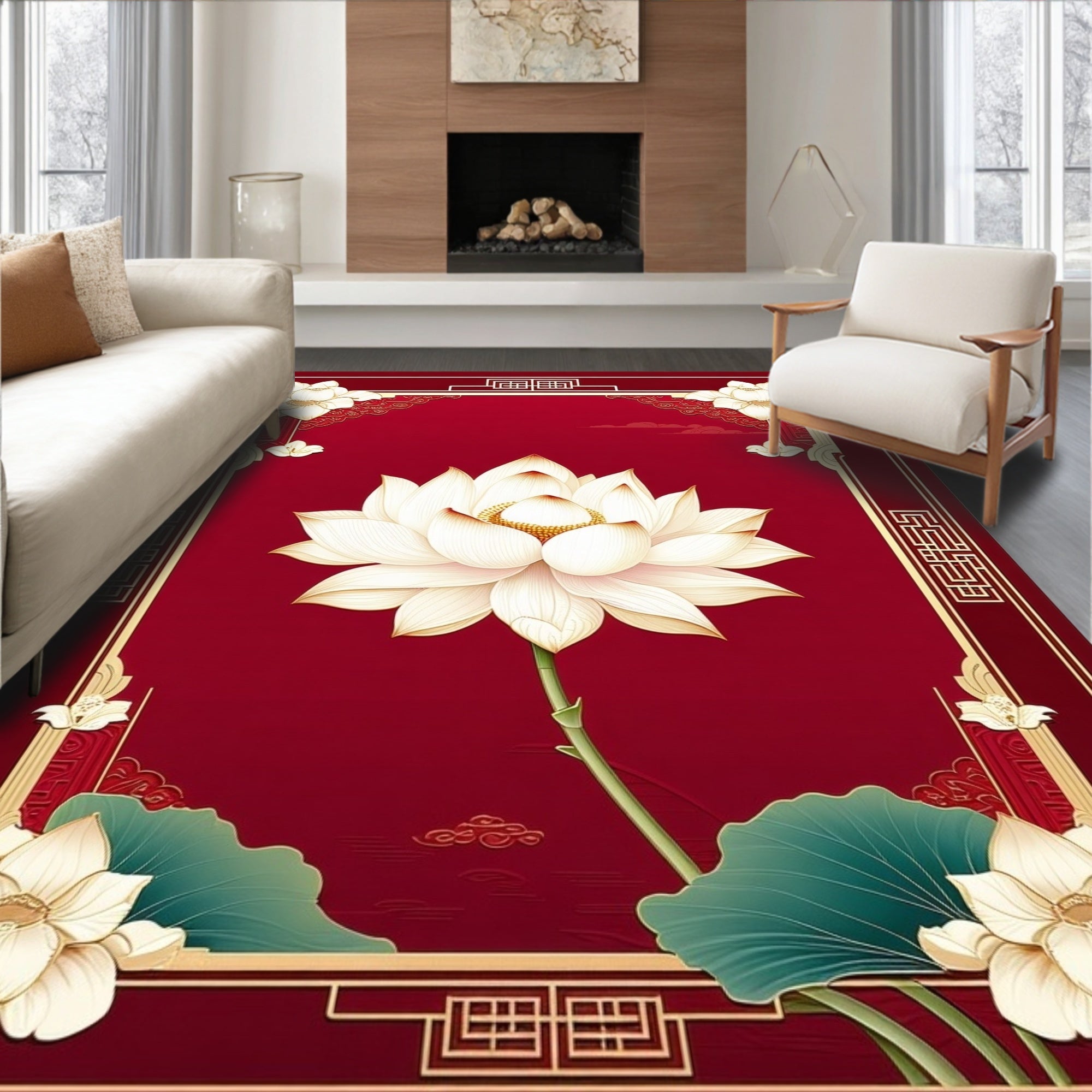 Elegant White Lotus Red Border Design Rug
