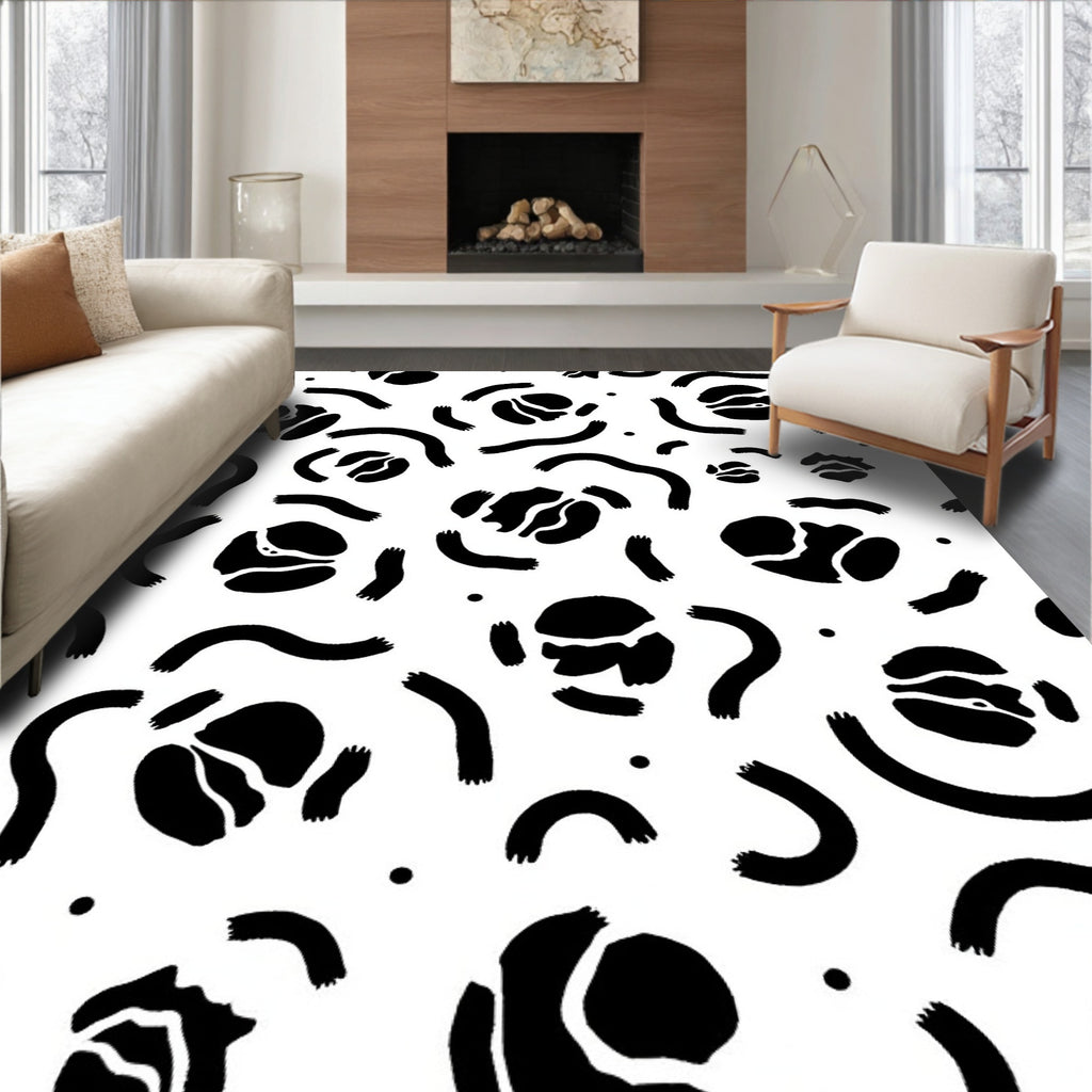 Black Wavy Floral Dot Pattern Rug