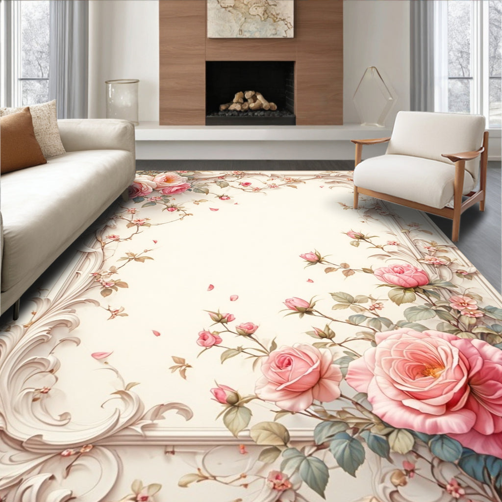 Romantic Pink Roses Swirl Pattern Rug
