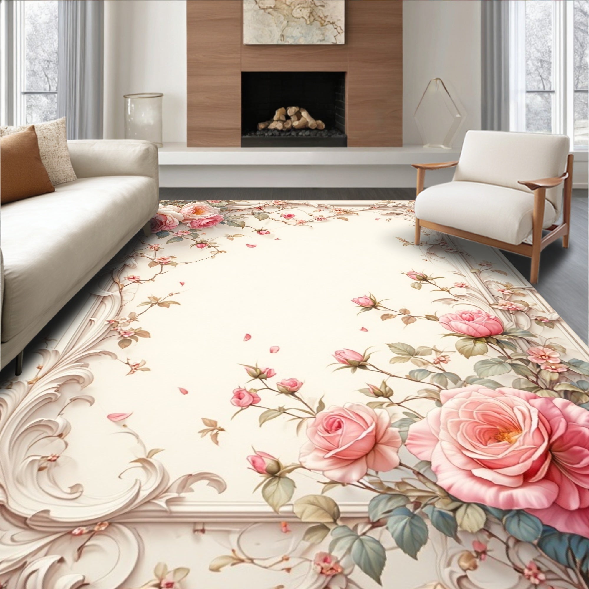 Romantic Pink Roses Swirl Pattern Rug