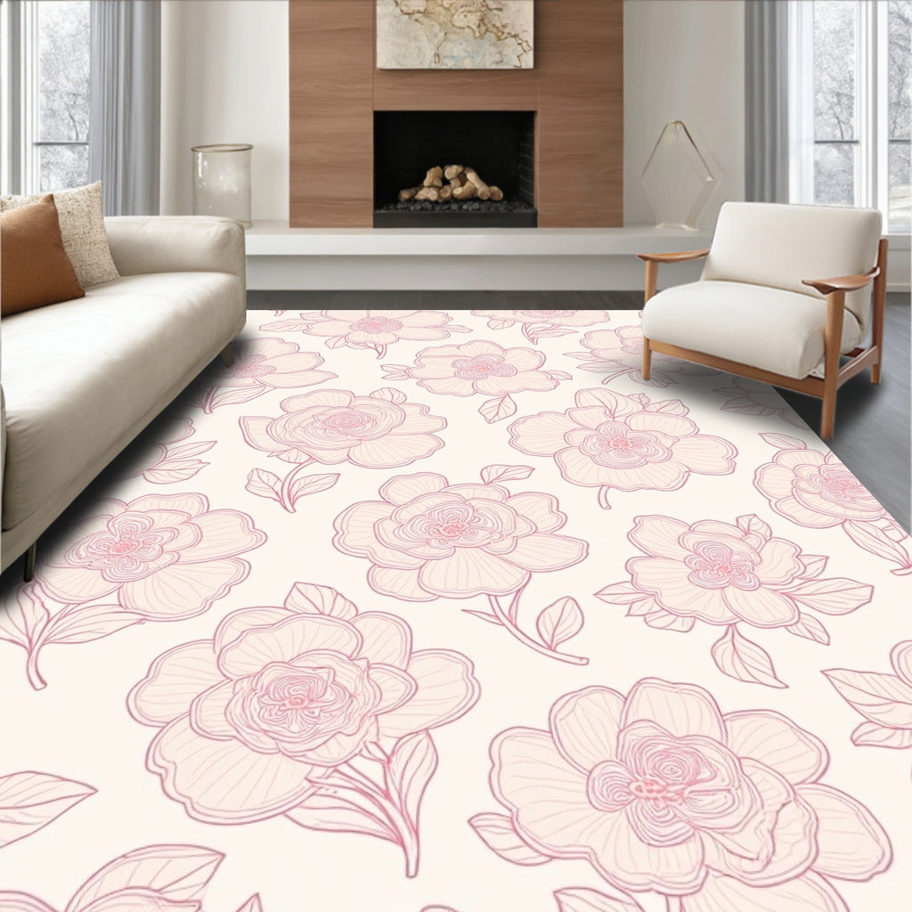Soft Pink Floral Line Art Rug