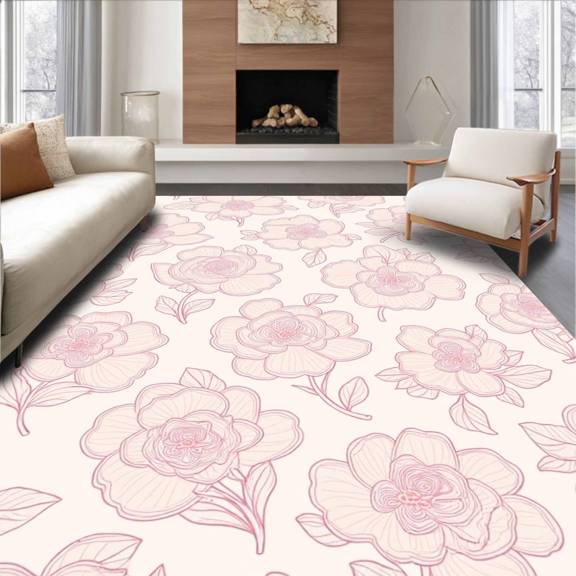 Soft Pink Floral Line Art Rug