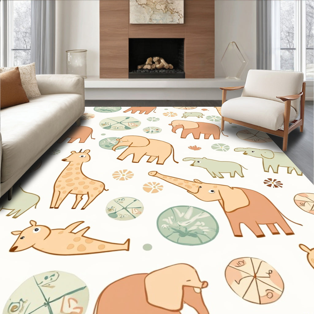 Cute Elephant Giraffe Safari Pattern Rug