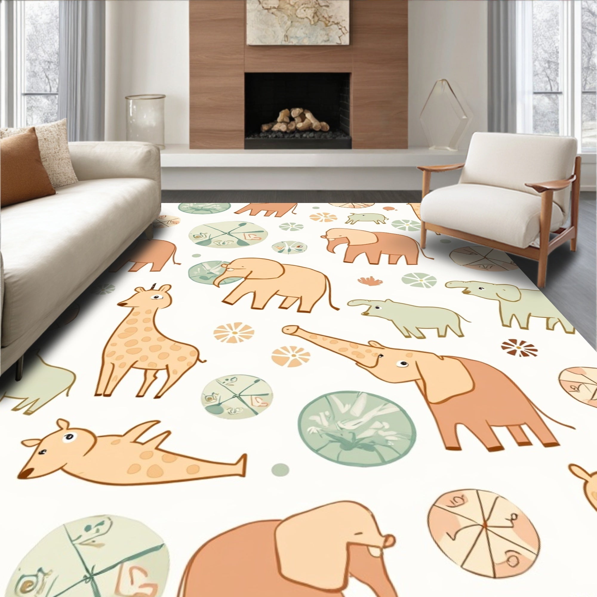 Cute Elephant Giraffe Safari Pattern Rug