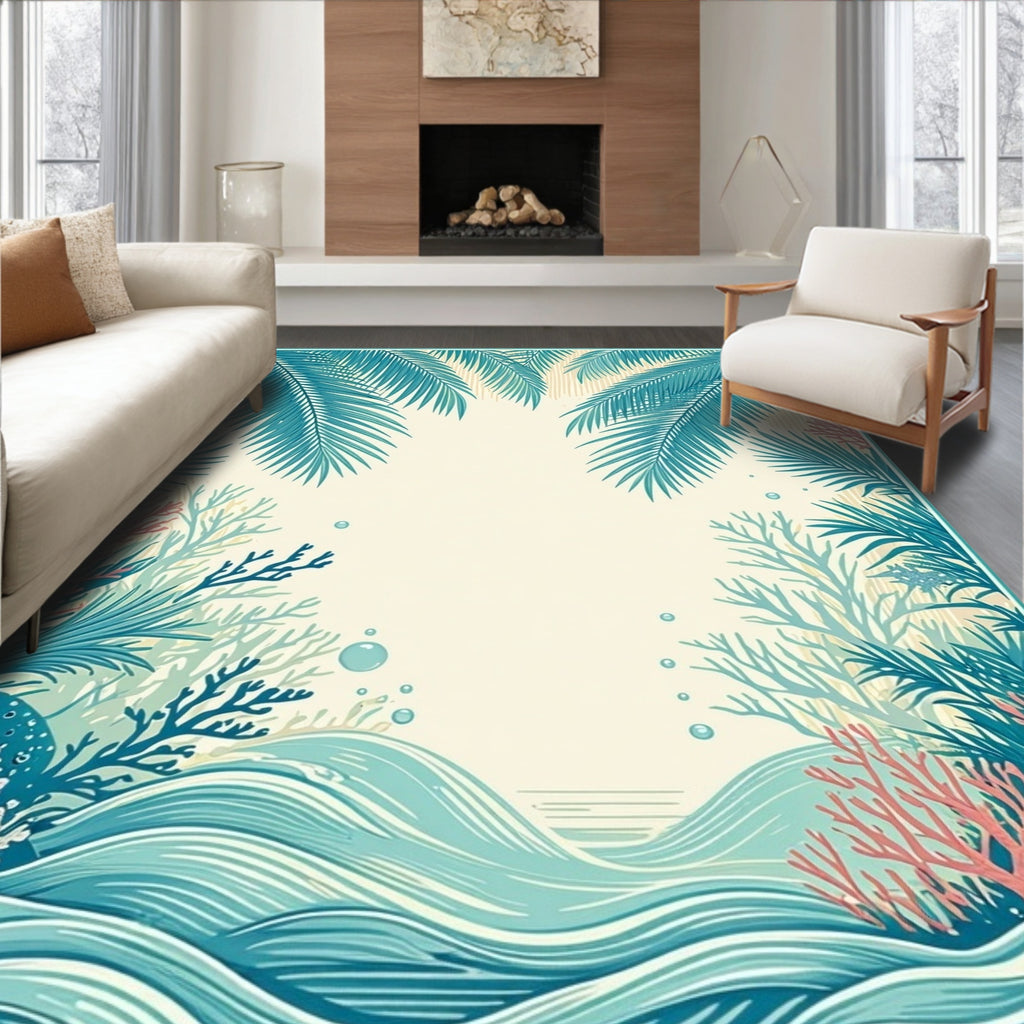 Tropical Palm Fronds and Coral Reef Design Rug