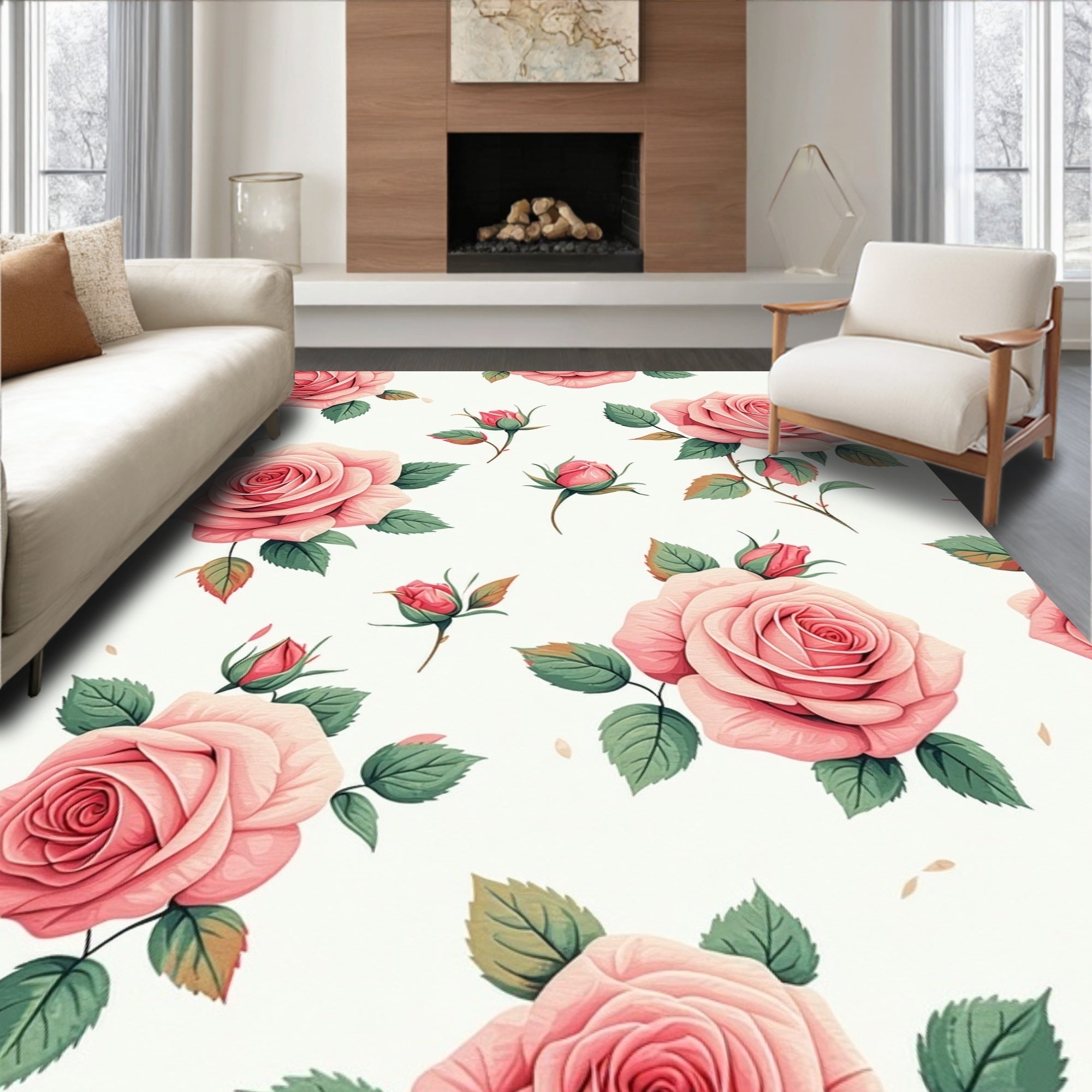 Pink Rose Botanical Garden Pattern Rug