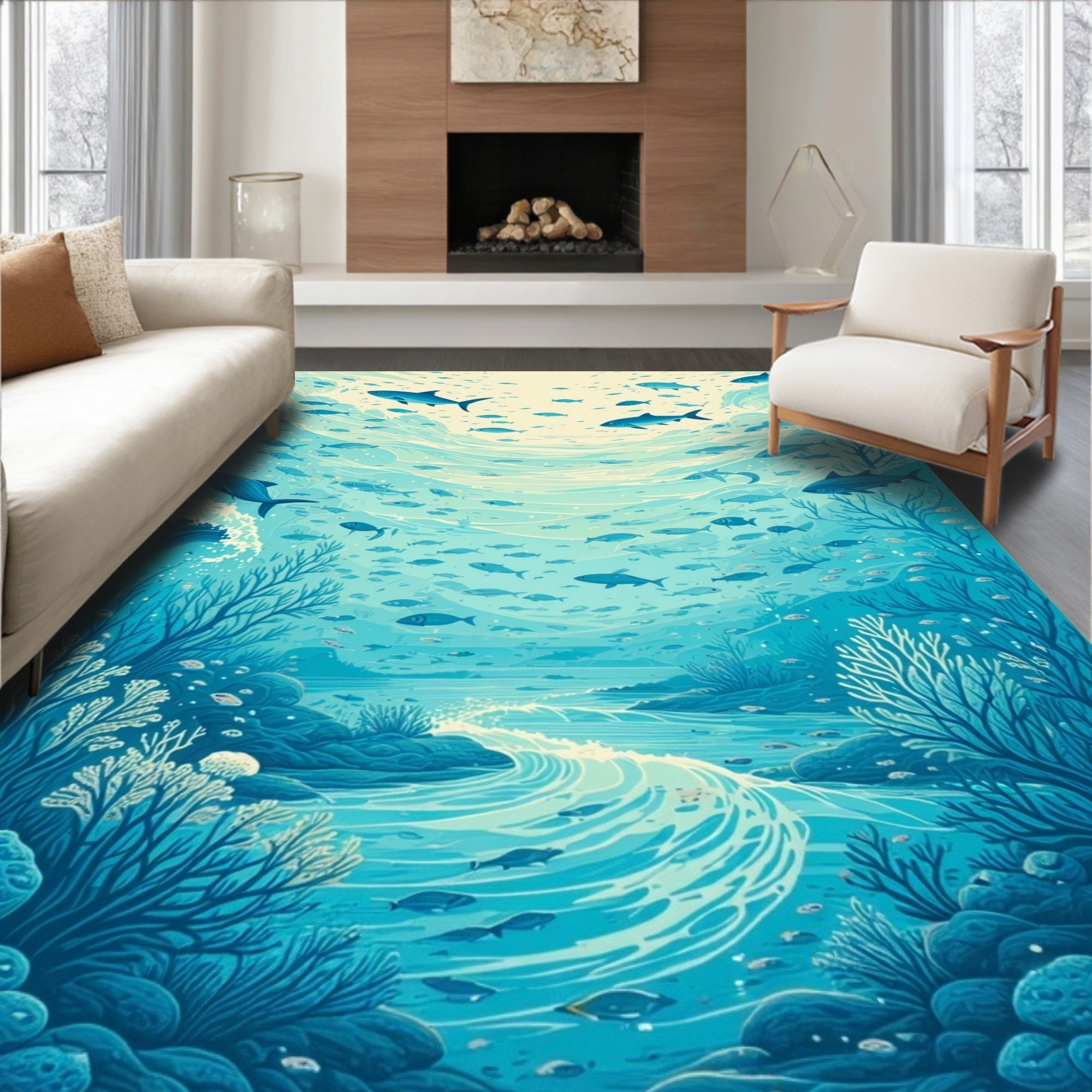 Ocean Life Aquatic Schooling Fish Pattern Rug