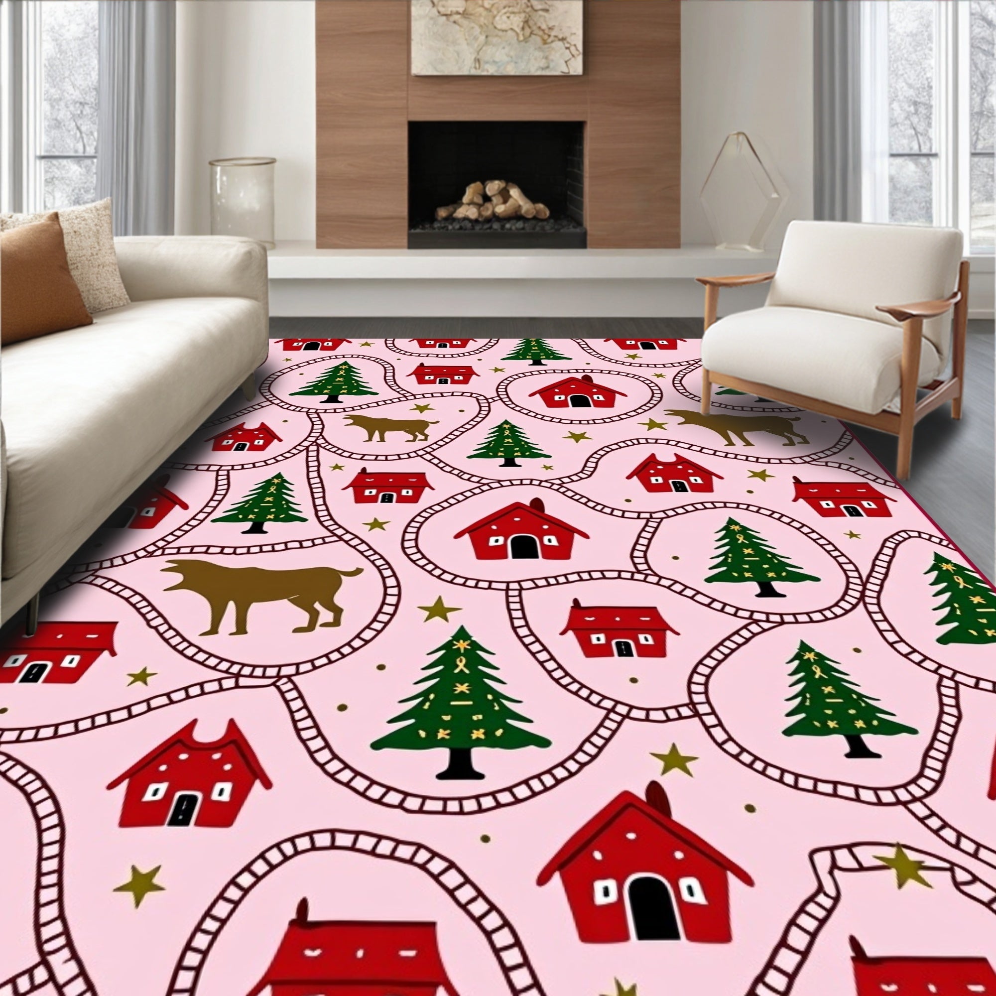 Rustic Red Houses Green Trees Dog Stars Rug