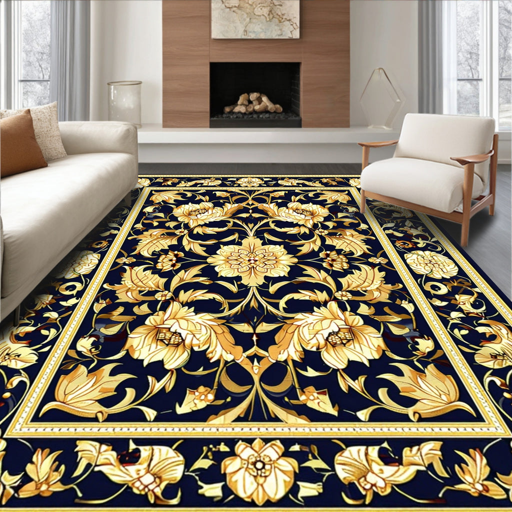 Classic Floral Golden Dark Blue Rug