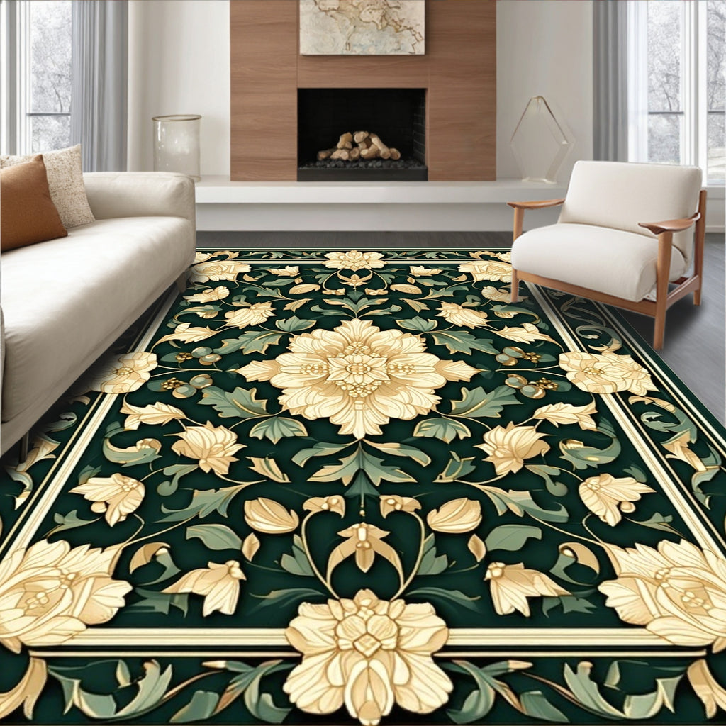 Cream Emerald Floral Frame Rug