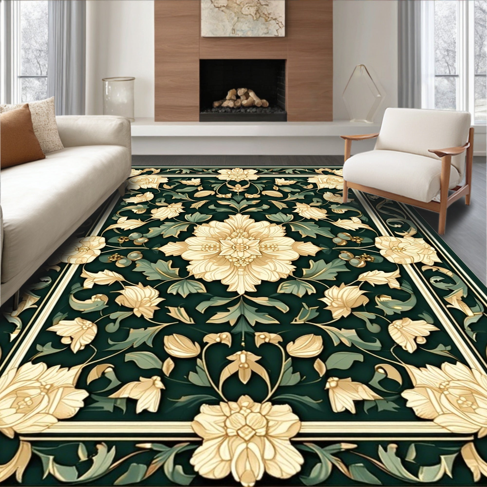 Cream Emerald Floral Frame Rug