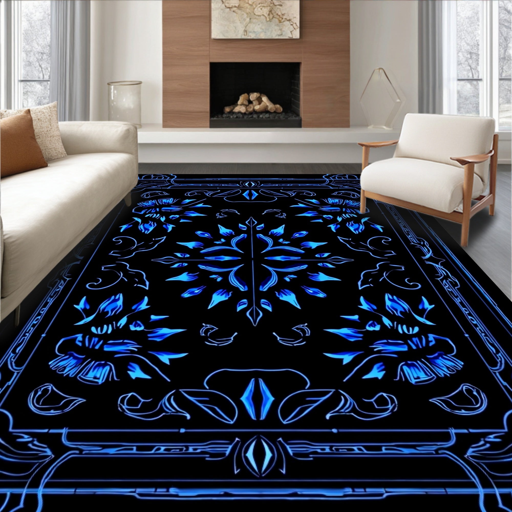 Intense Blue Floral Art Nouveau Rug