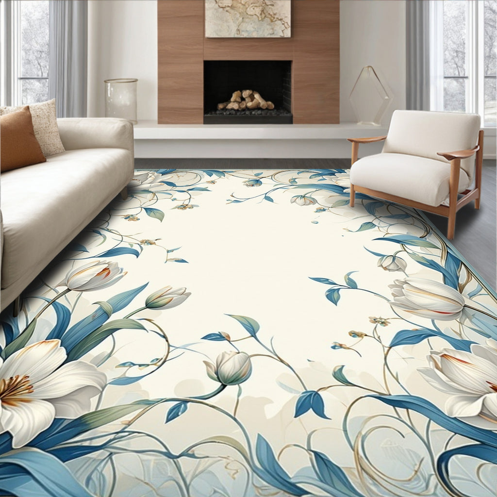 Elegant White Floral Vine Pattern Rug