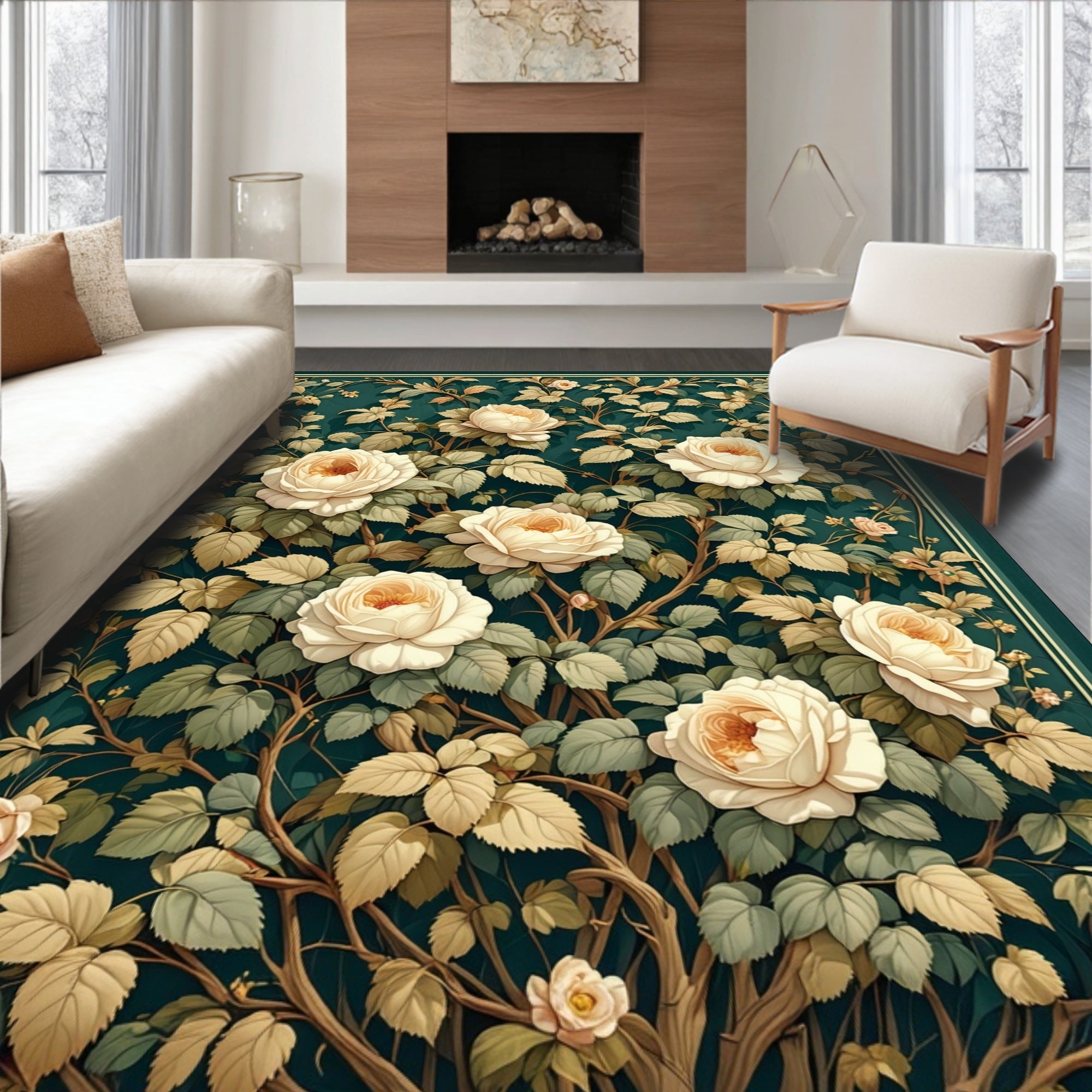 Cream Roses Botanical Garland Rug
