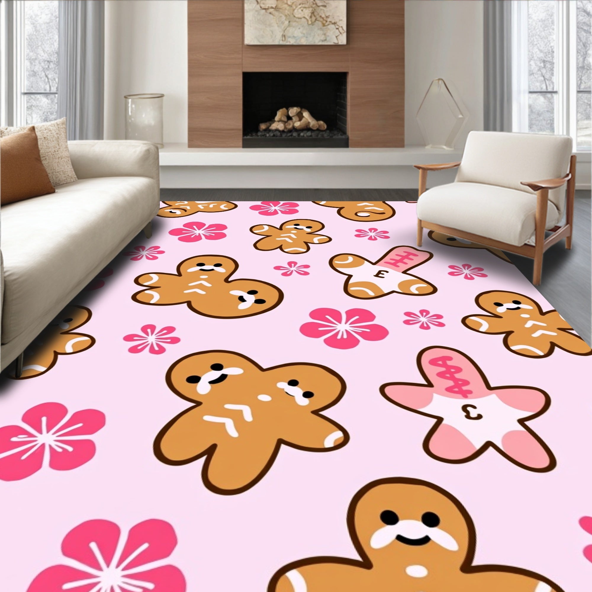 Gingerbread Men Flower Pink Backdrop Rug
