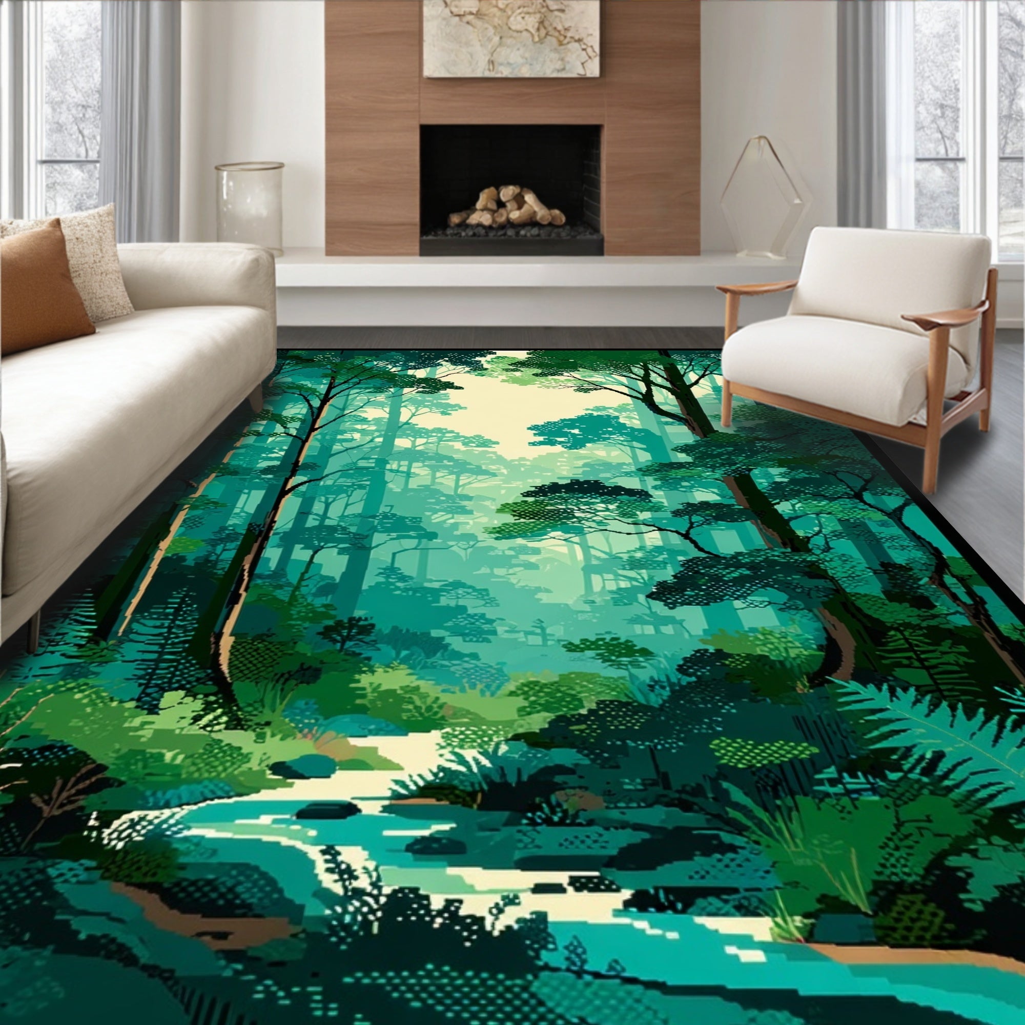 Enchanted Forest Stream Pixel Art Design Rug