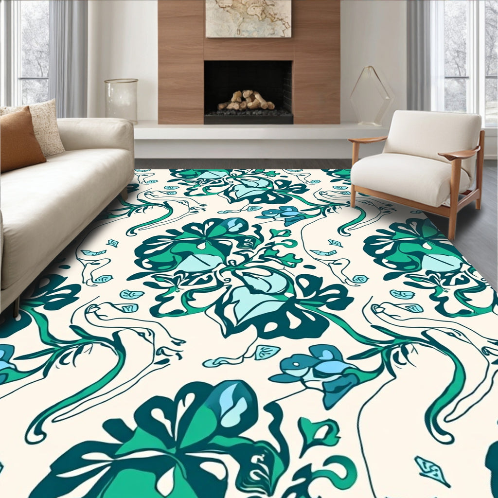 Earthy Teal Abstract Floral Pattern Rug