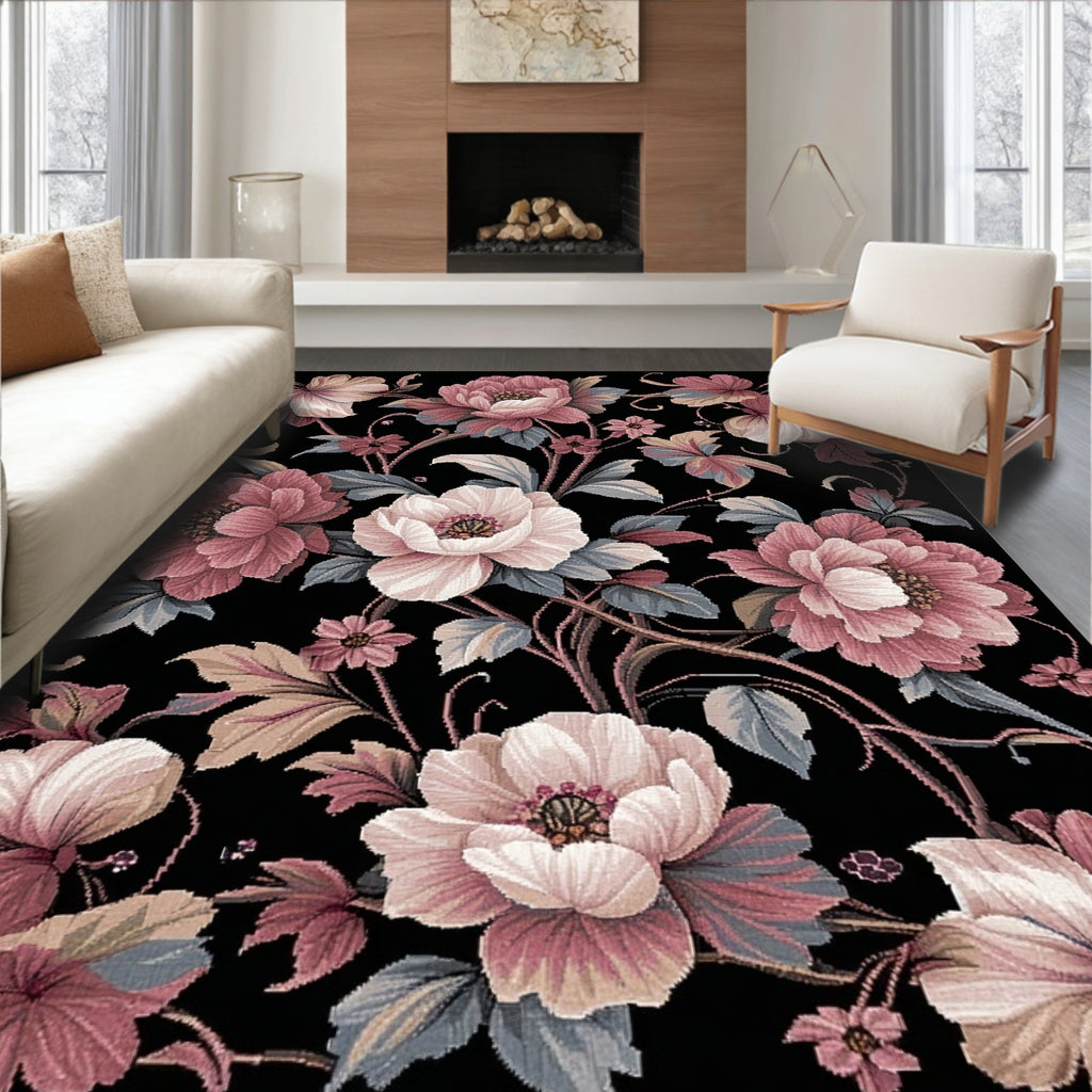 Vintage Floral Pattern Black Background Rug