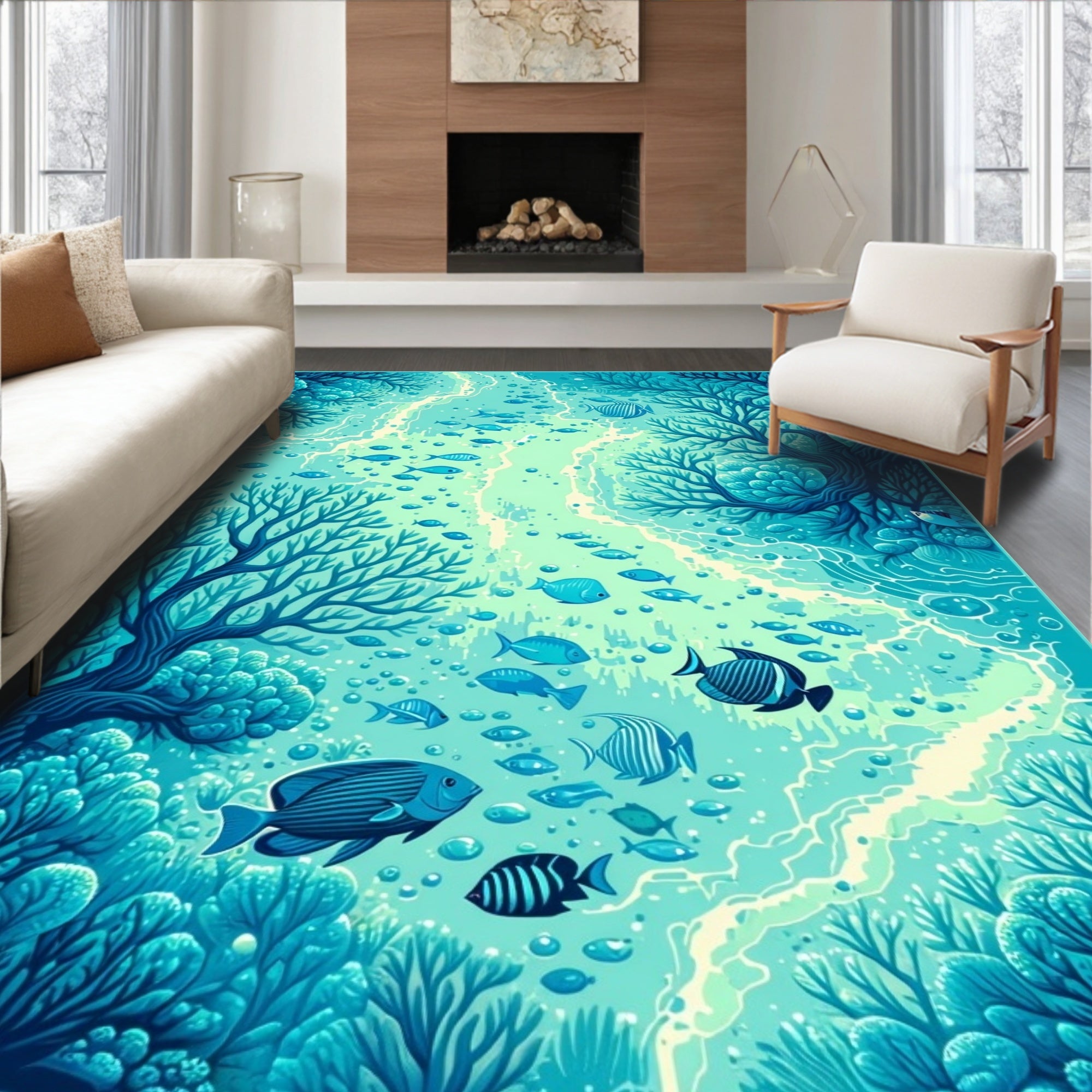 Ocean Underwater Coral Fish Scene Rug