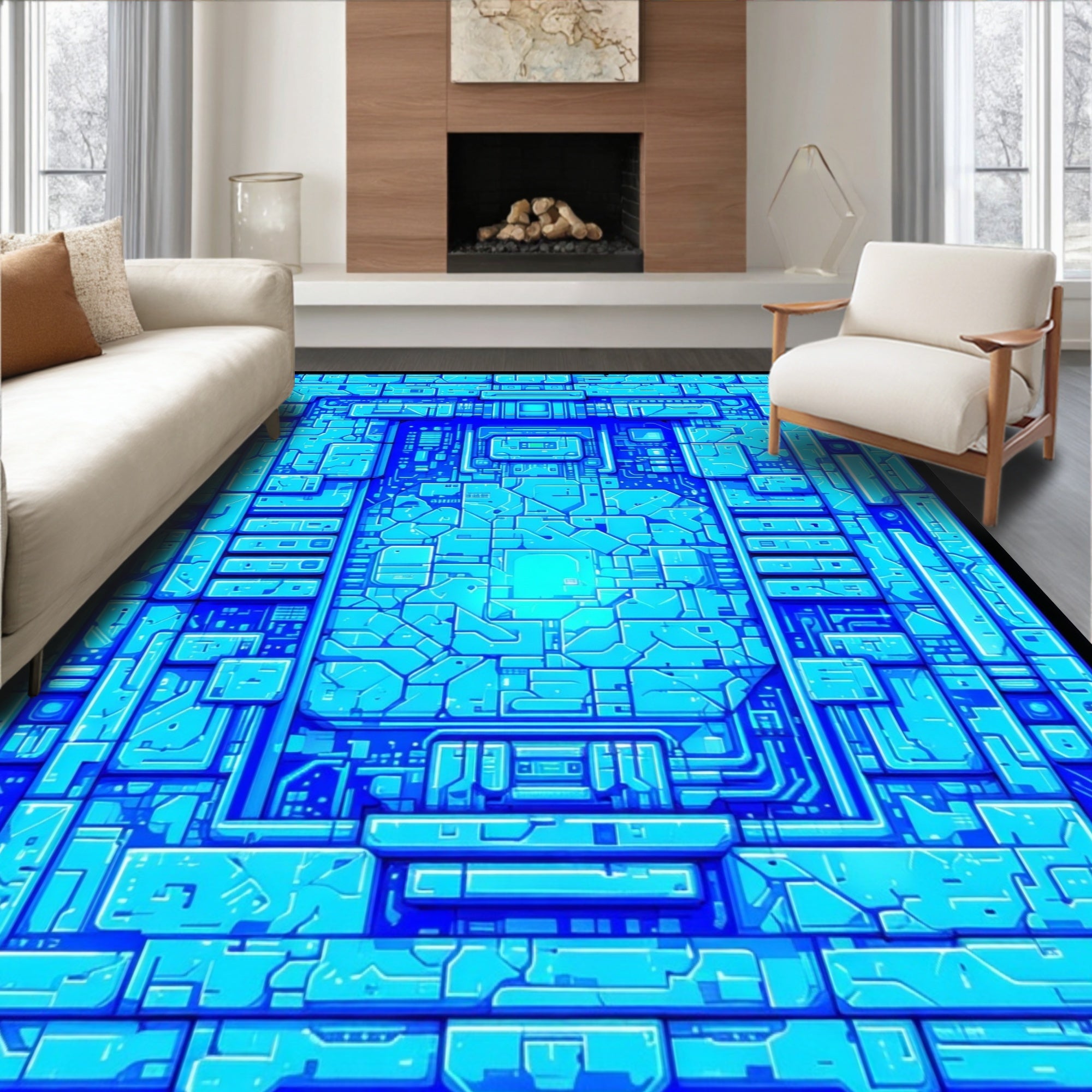 Abstract Blue Geometric Circuitry Rug