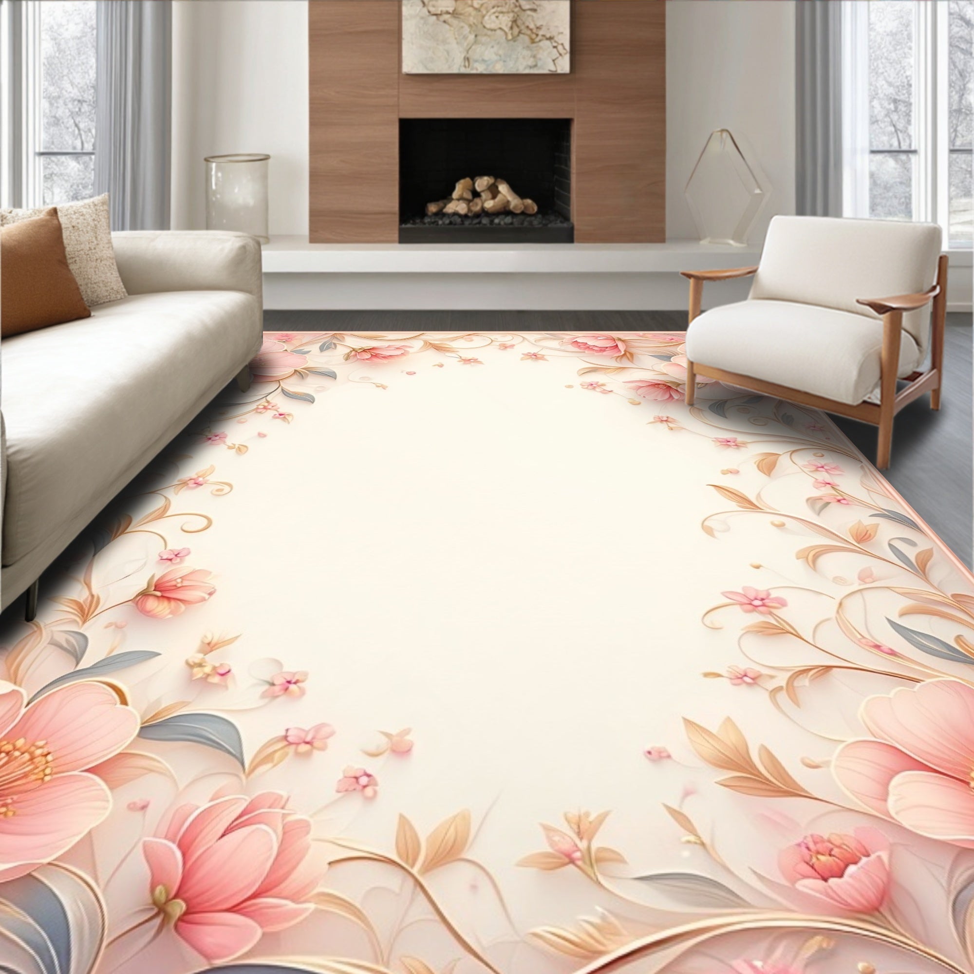 Soft Pink Floral Swirls Design Rug