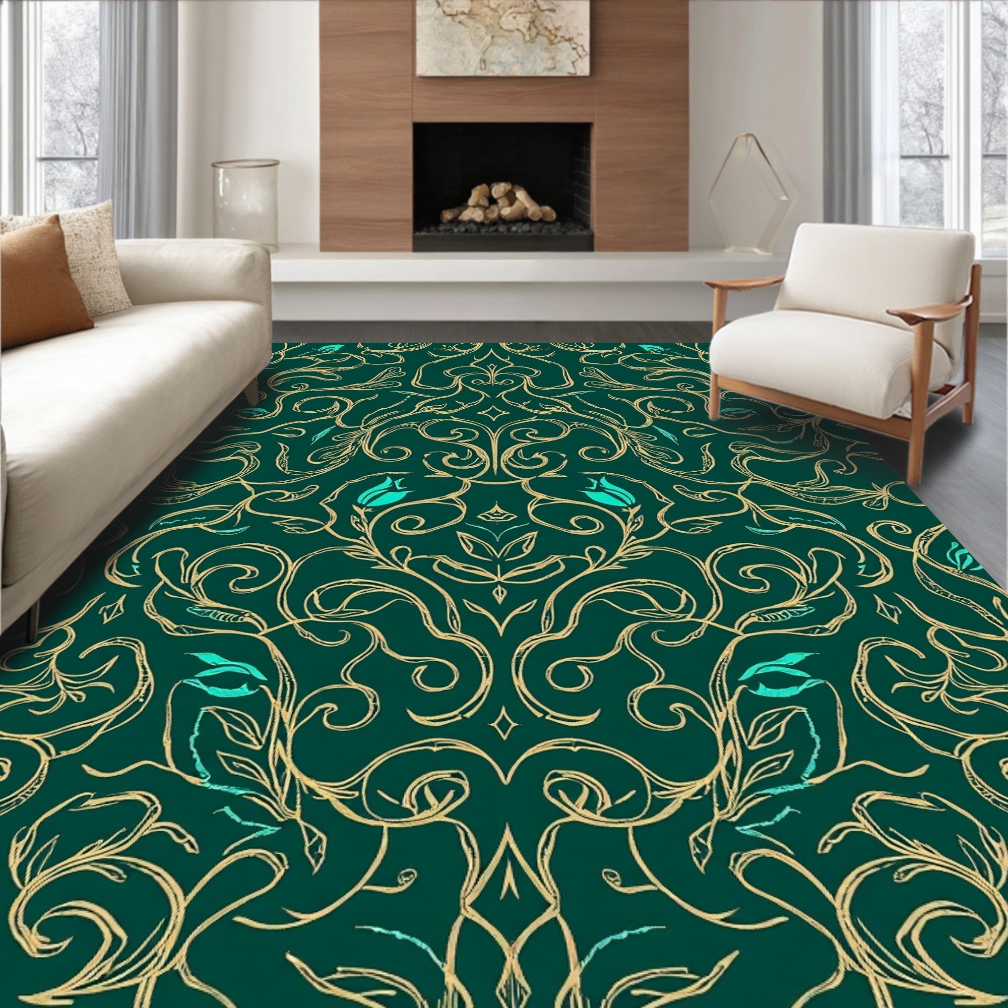 Ornate Floral Scrollwork Emerald Rug