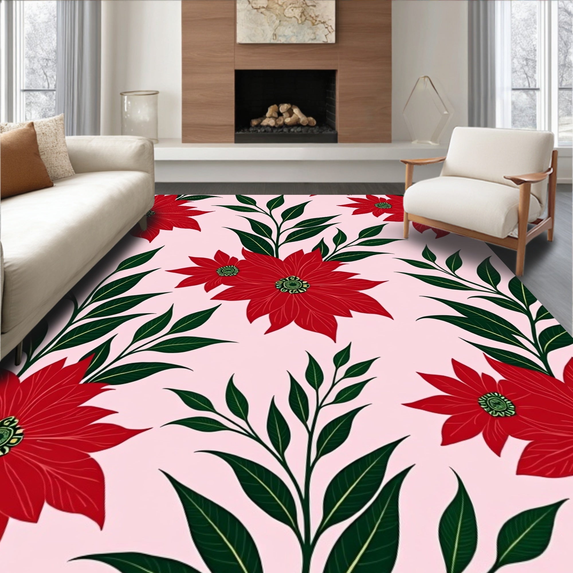 Crimson Poinsettia Floral Branch Rug