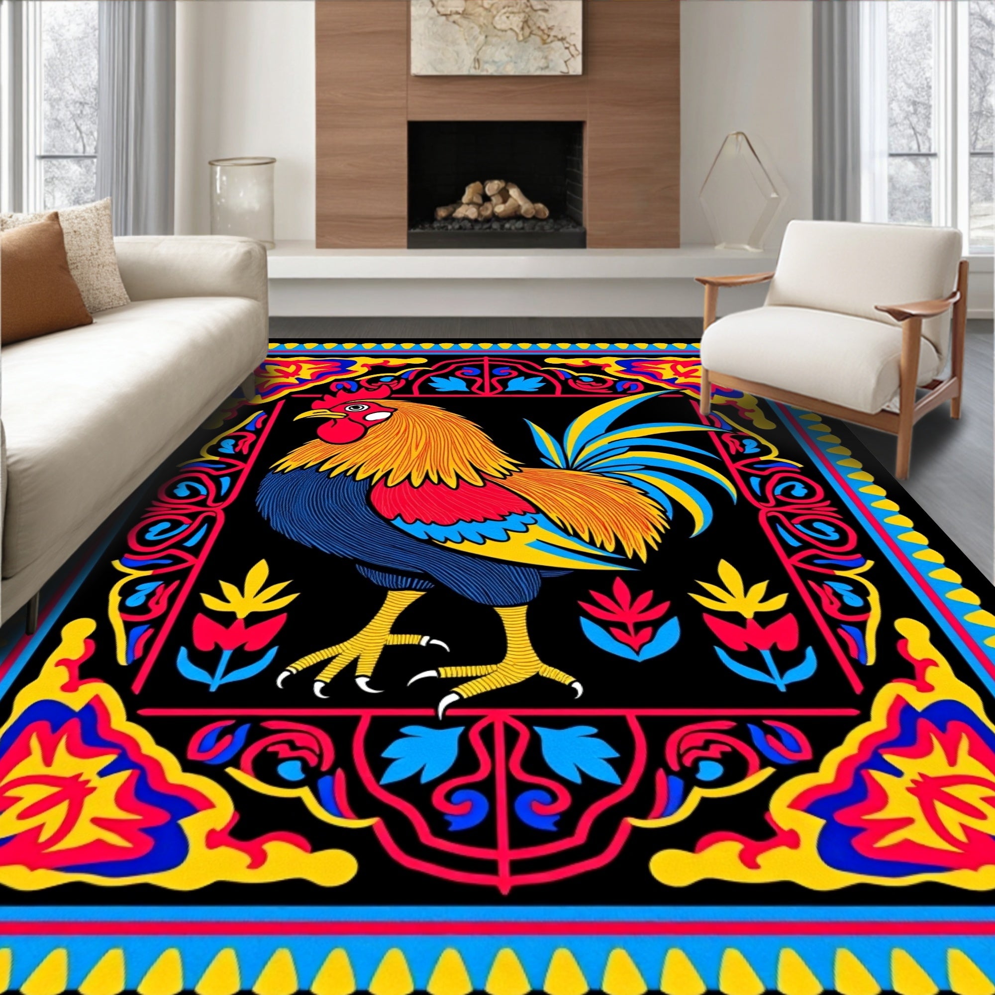 Bold Rooster Floral Frame Rug
