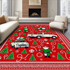 Festive Red Gnomes Trucks Christmas Trees Rug
