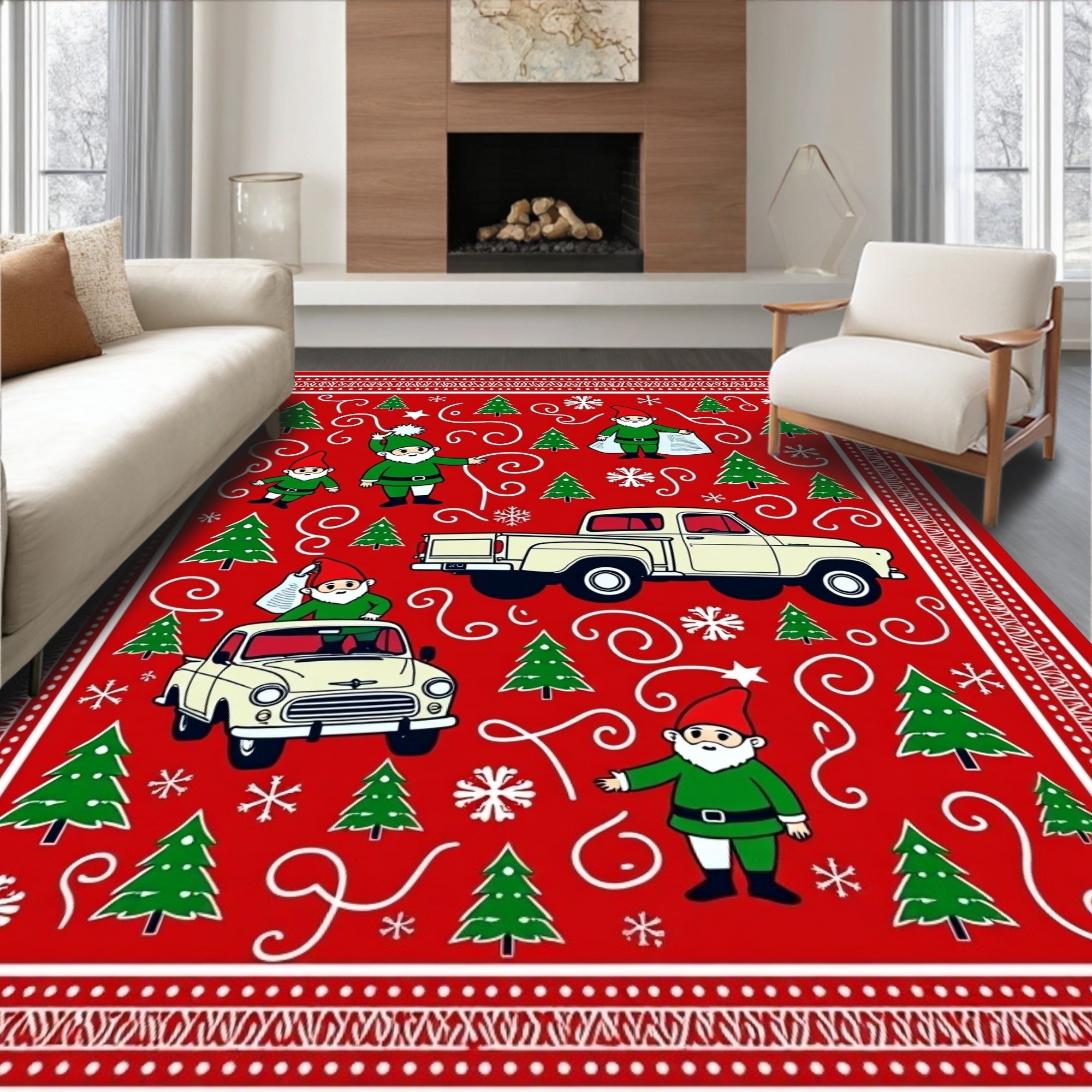 Festive Red Gnomes Trucks Christmas Trees Rug