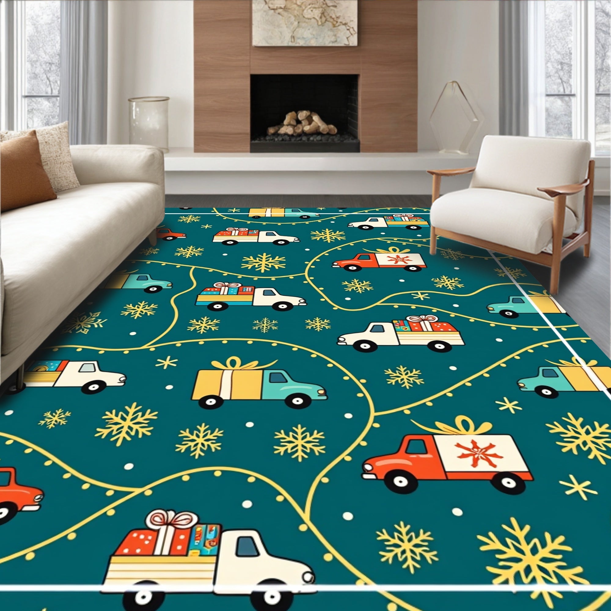 Holiday Trucks With Presents Snowflakes Rug