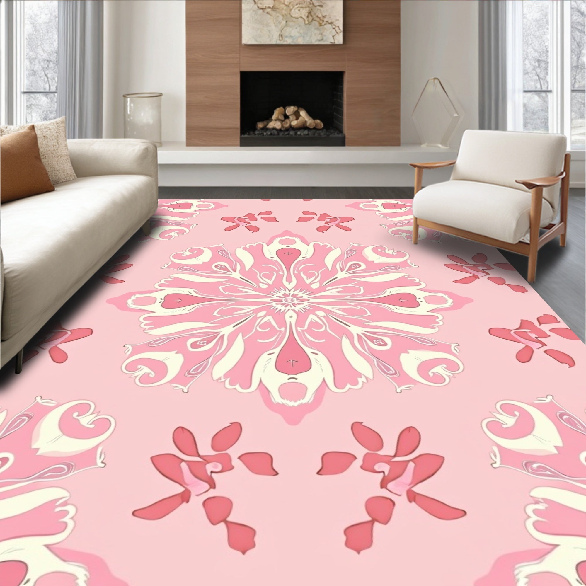 Pink Swirl Floral Medallion Pattern Rug