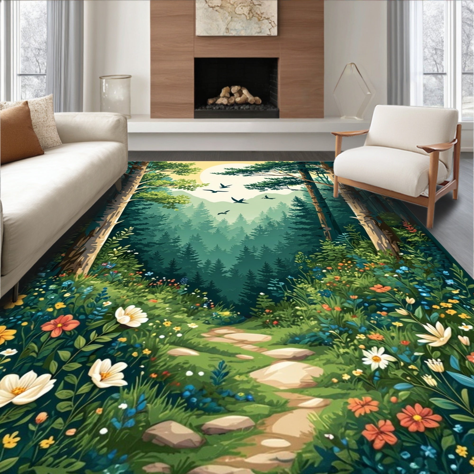 Enchanted Woodland Path Floral Rug