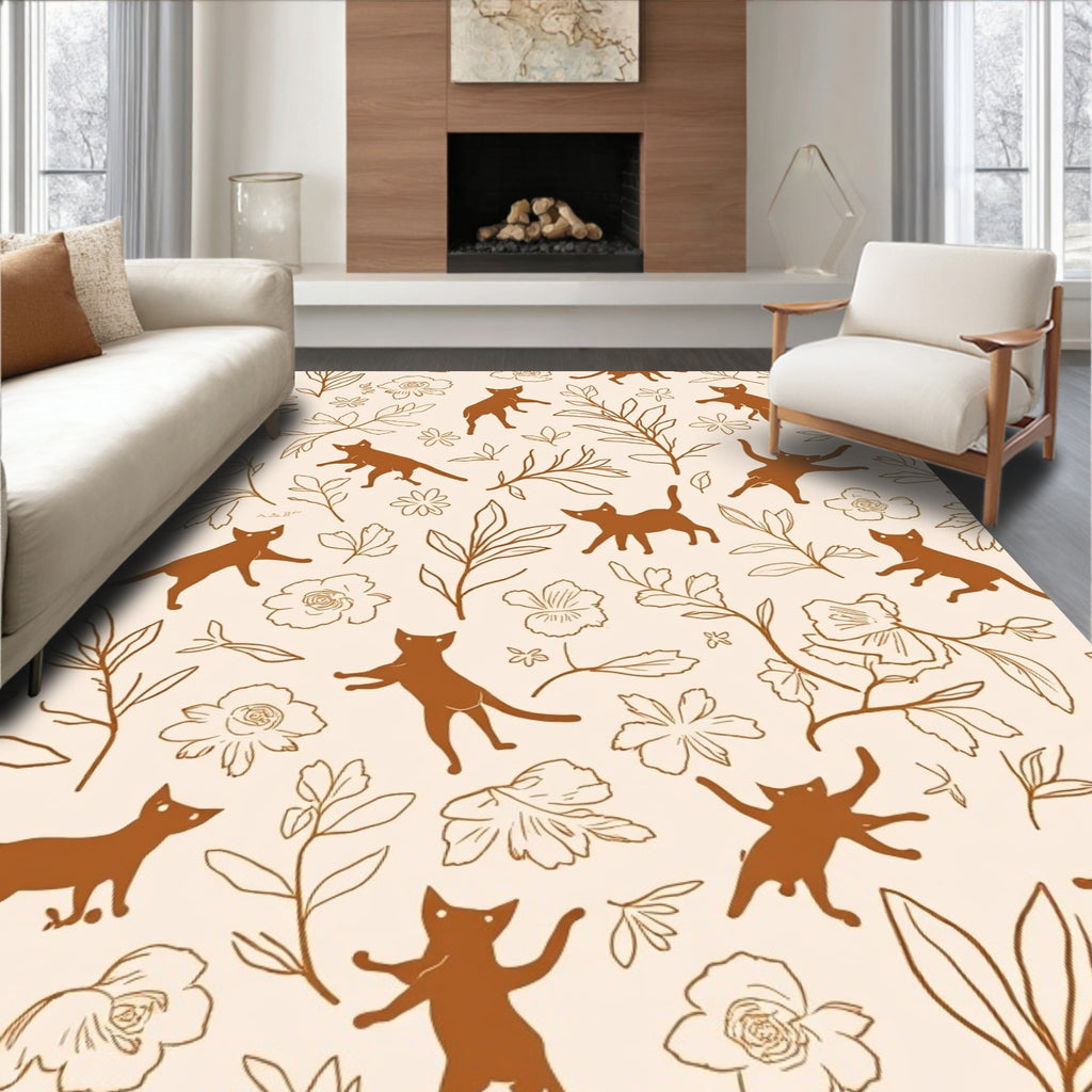 Whimsical Cat Flower Nature Pattern Rug