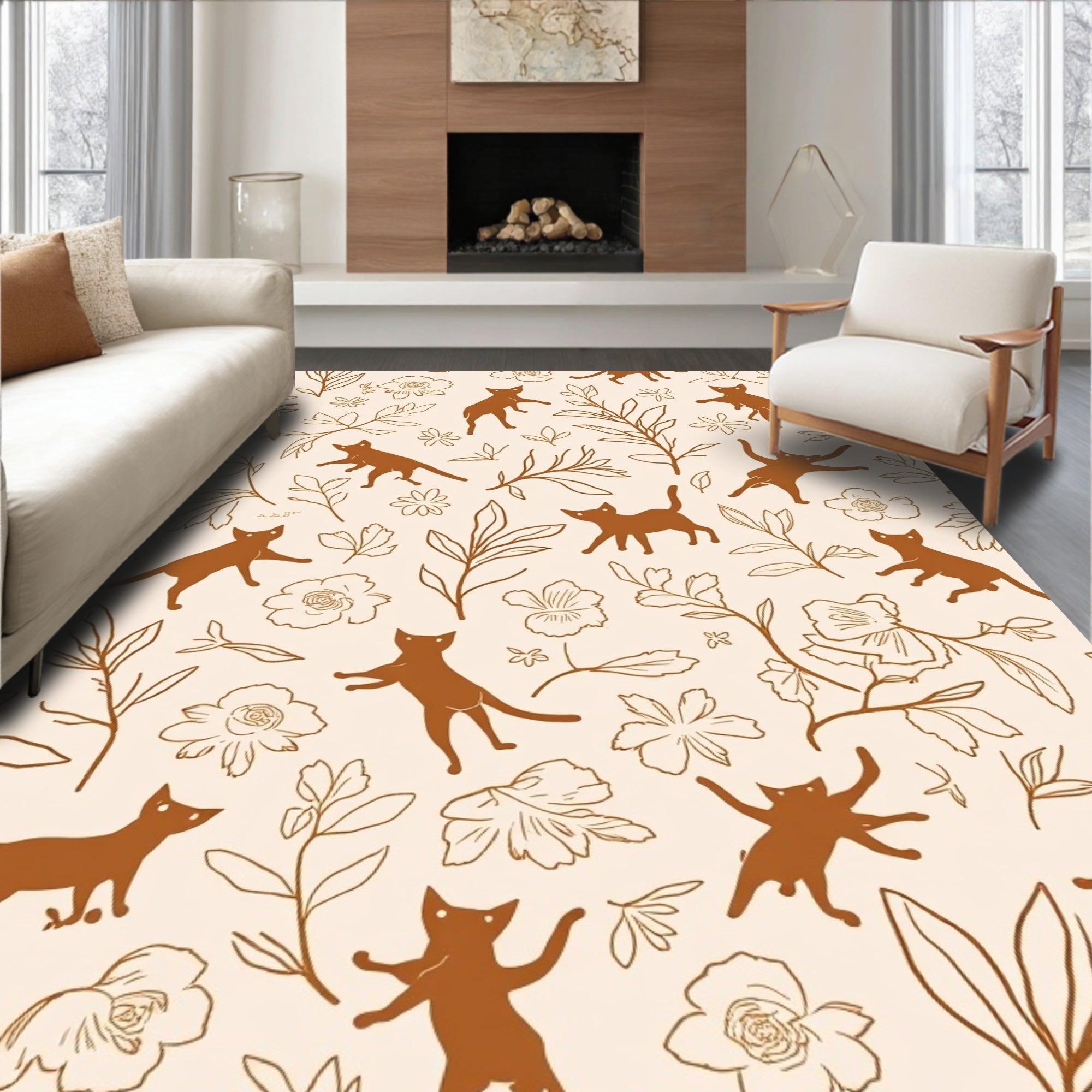 Whimsical Cat Flower Nature Pattern Rug