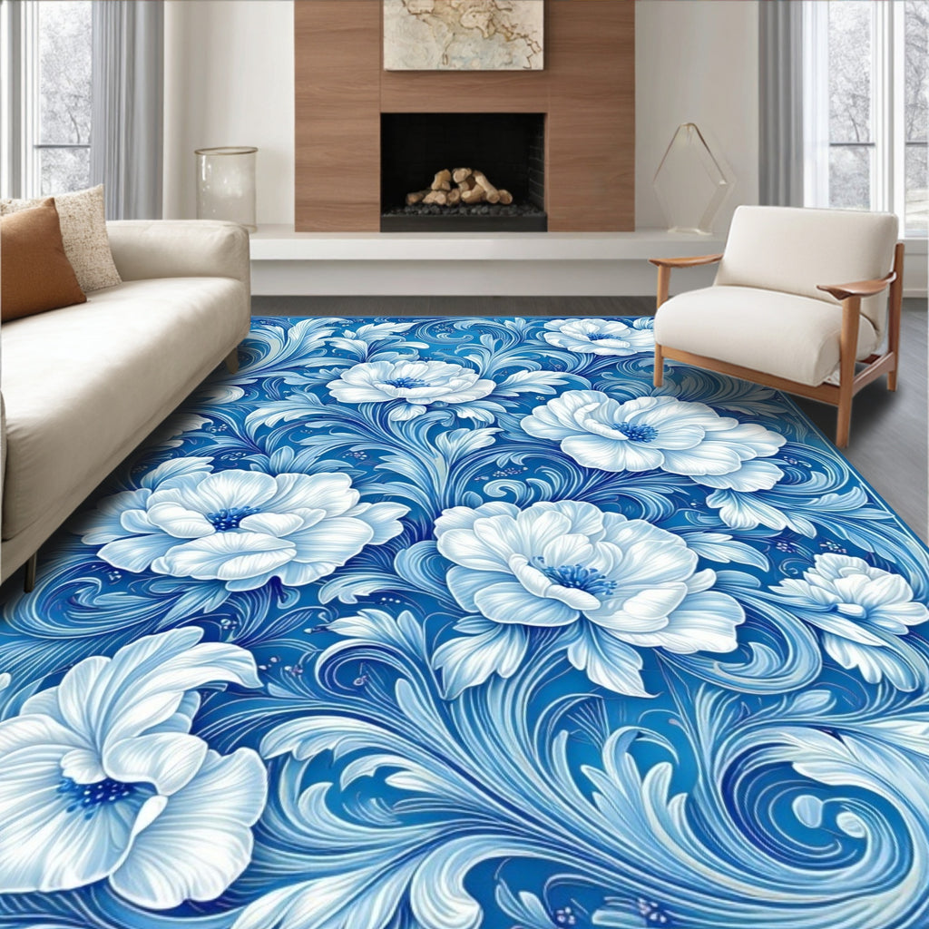 Intricate Floral Pattern Blue Rug
