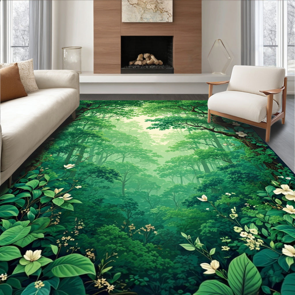 Vivid Green Forest With White Flowers Rug