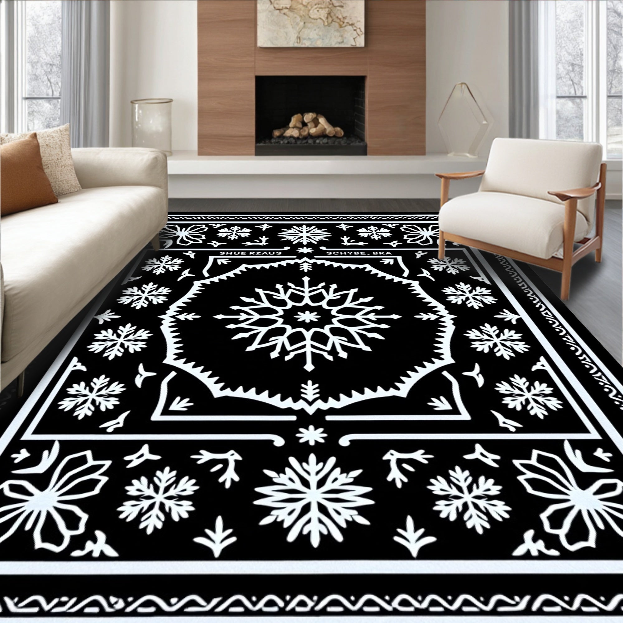 Black White Snowflake Mandala Rug