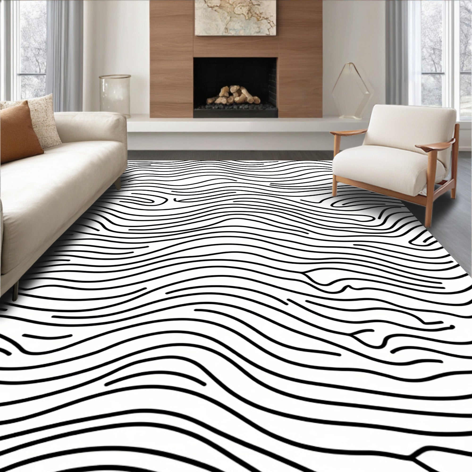 Abstract Wavy Black Line Rug