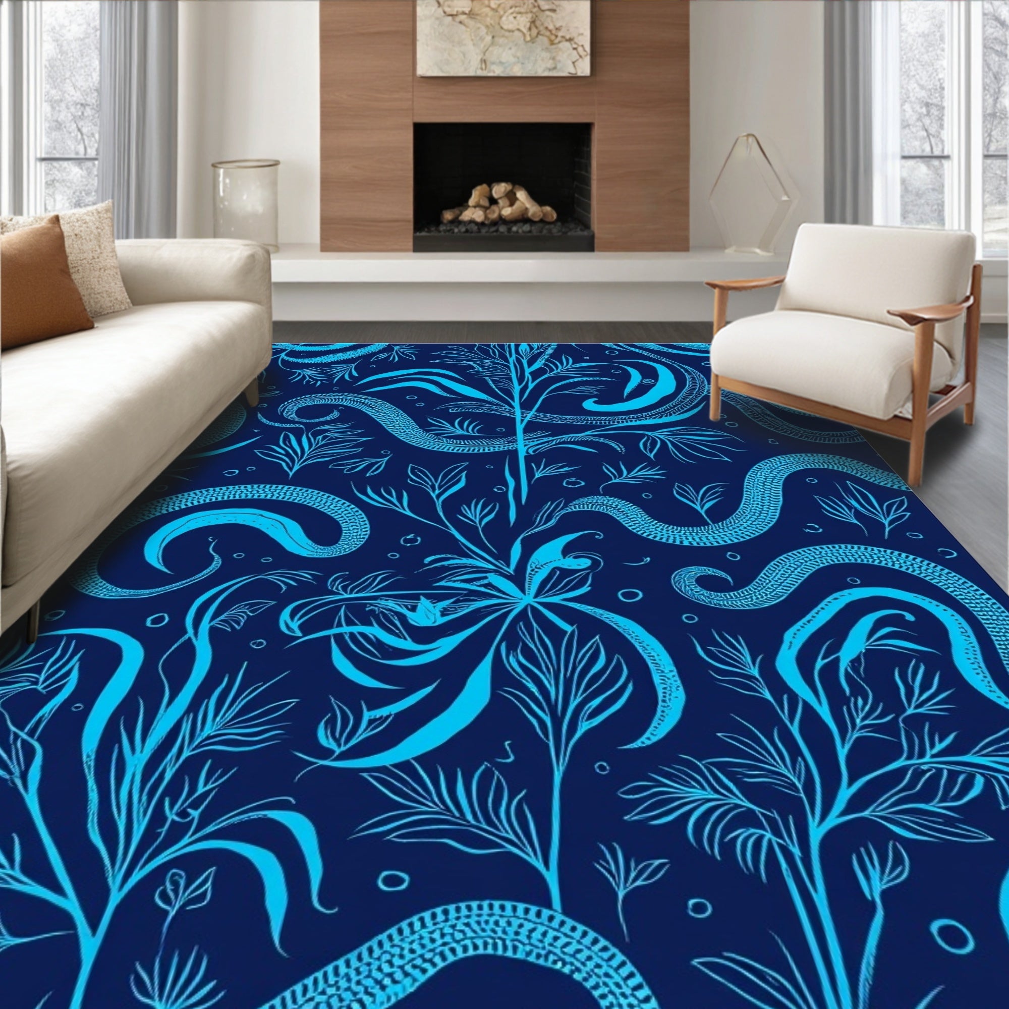 Oceanic Serpent With Floral Design Rug