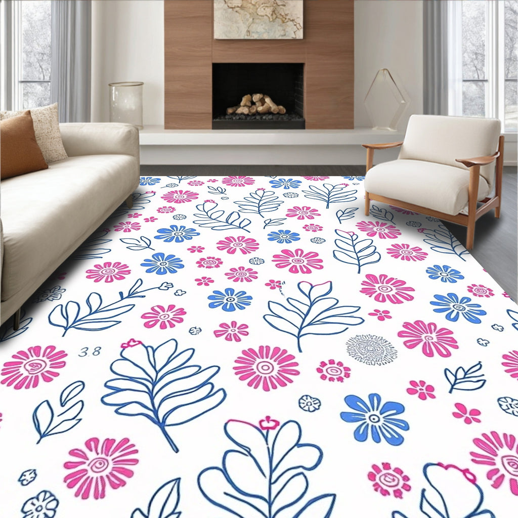 Pink Blue Floral Leaf Pattern Rug