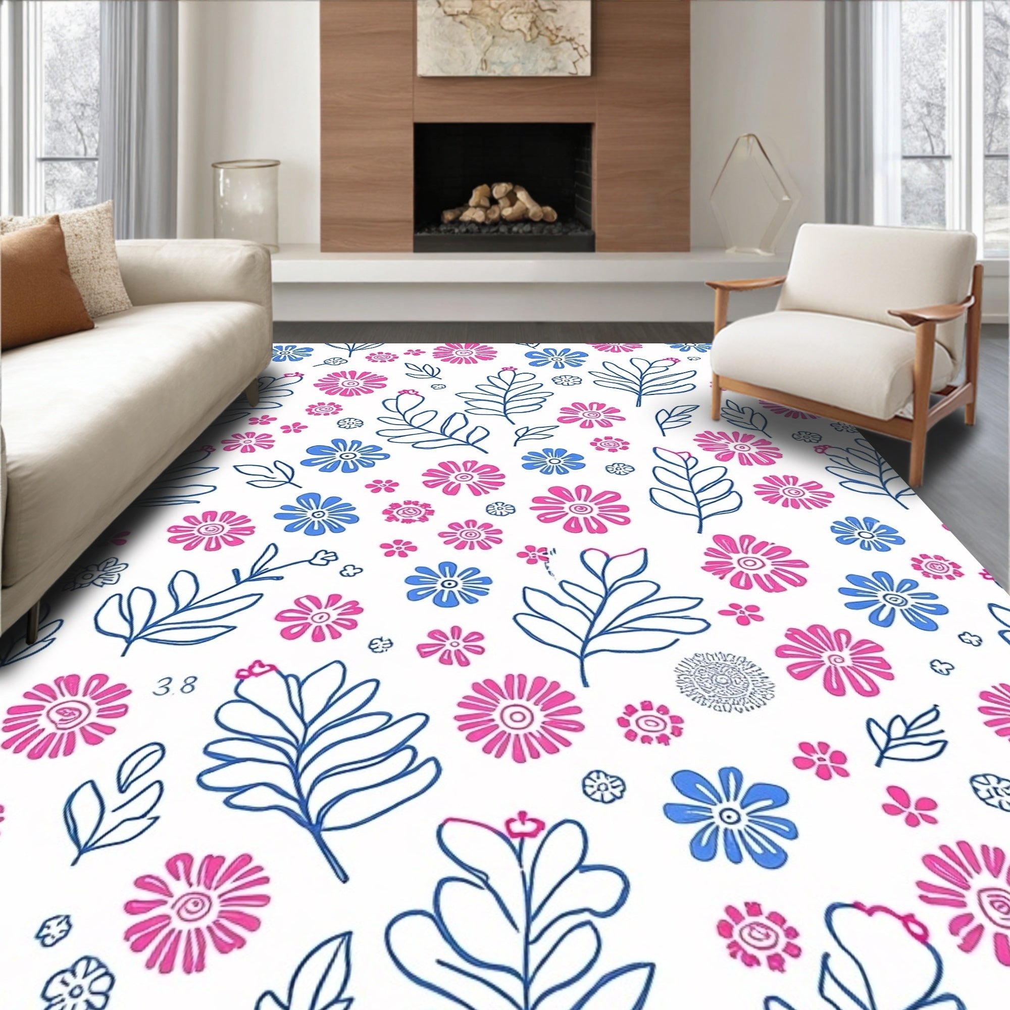 Pink Blue Floral Leaf Pattern Rug
